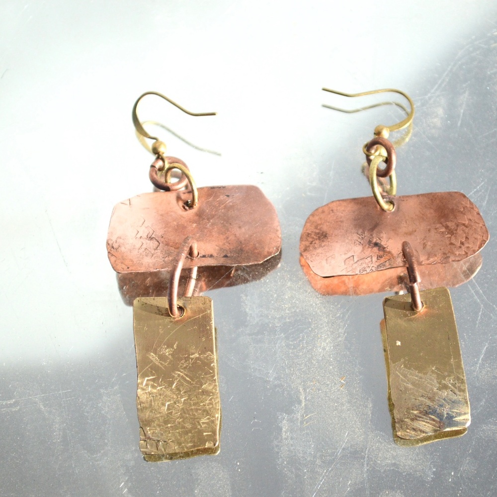 Brutalist Earrings Copper Brass Rustic Statement - Picture 6 of 8